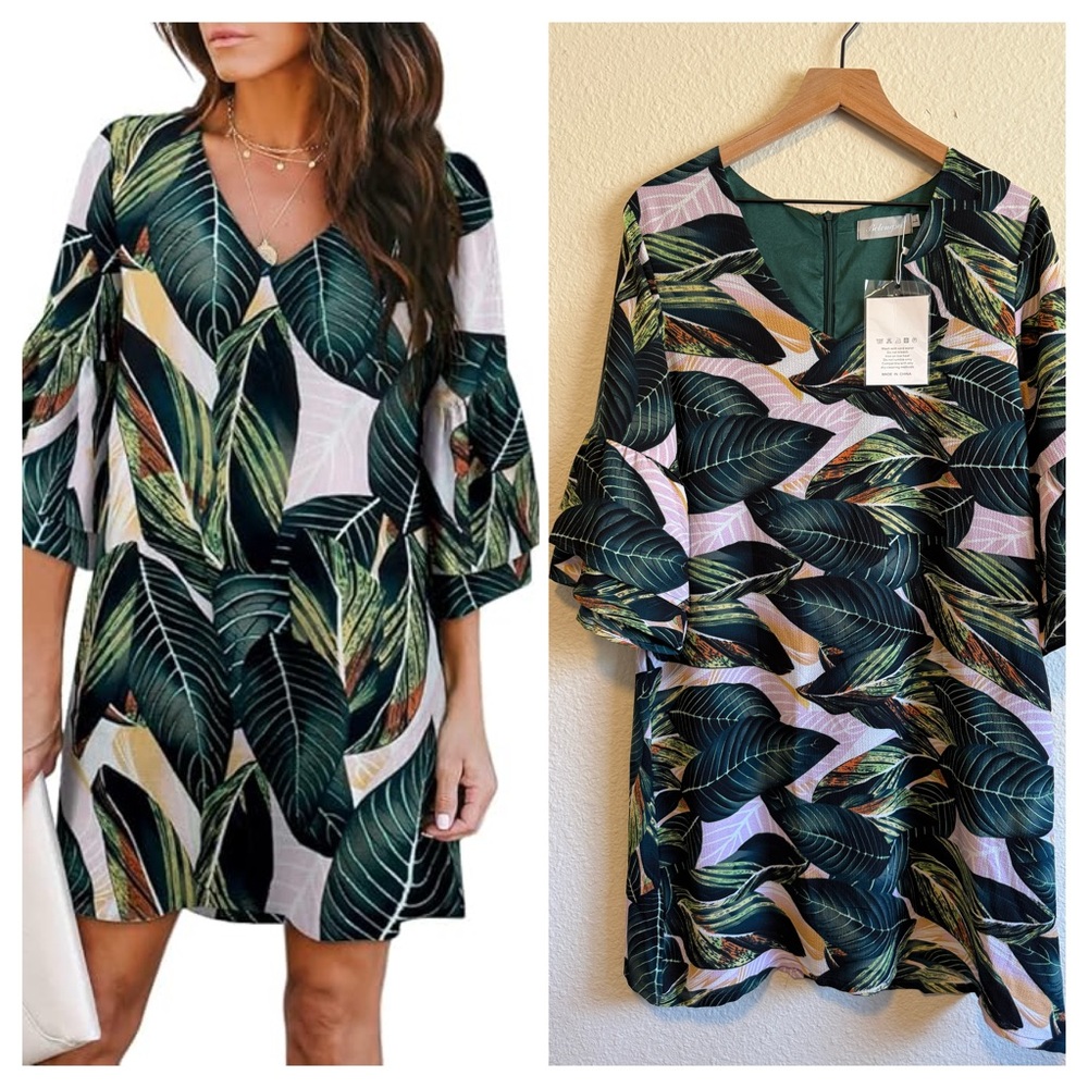 Belongsci Tropical Leaf Print Dress- Size L